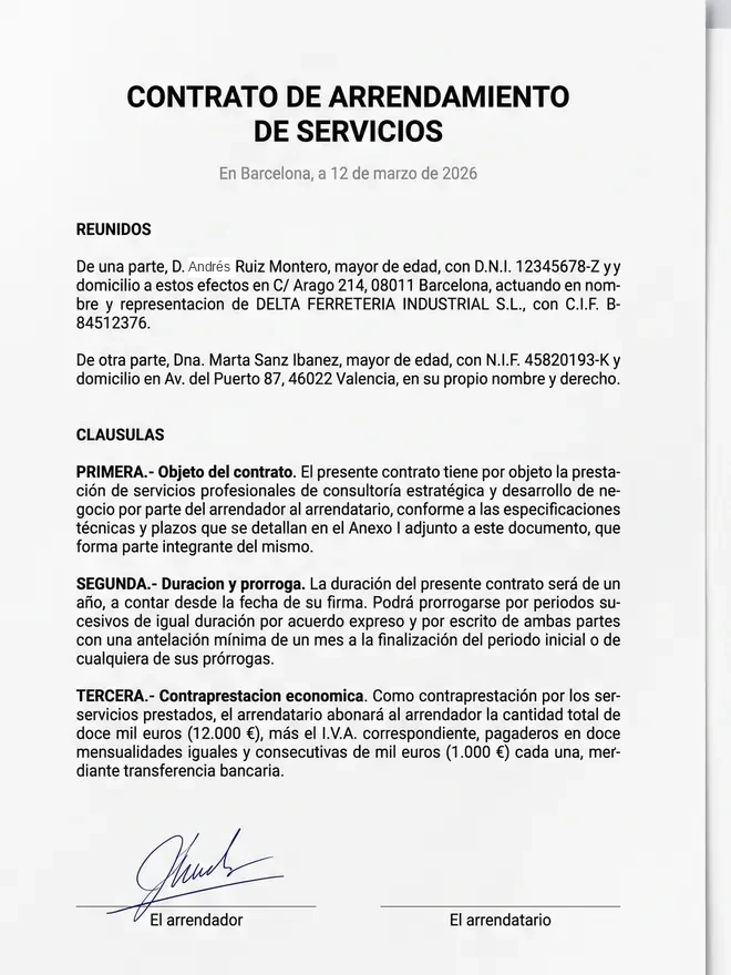 Primera página de un contrato de arrendamiento de servicios de ejemplo