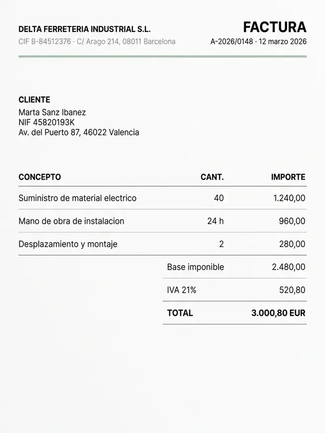 Factura comercial de ejemplo con NIF, dirección e IBAN del cliente