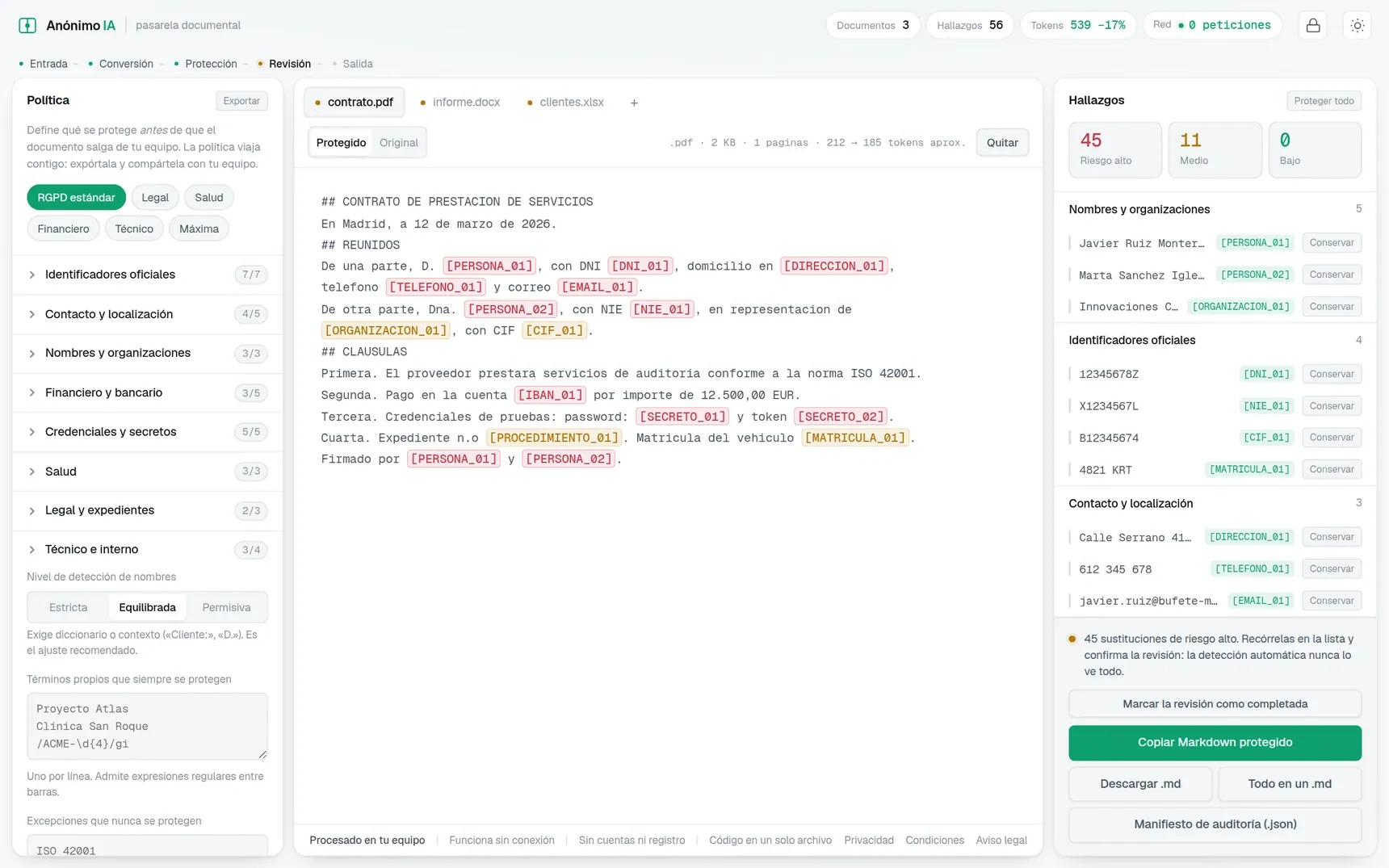 La herramienta con un informe abierto: el texto convertido a Markdown con los datos sustituidos, la política a la izquierda y la lista de hallazgos a la derecha.