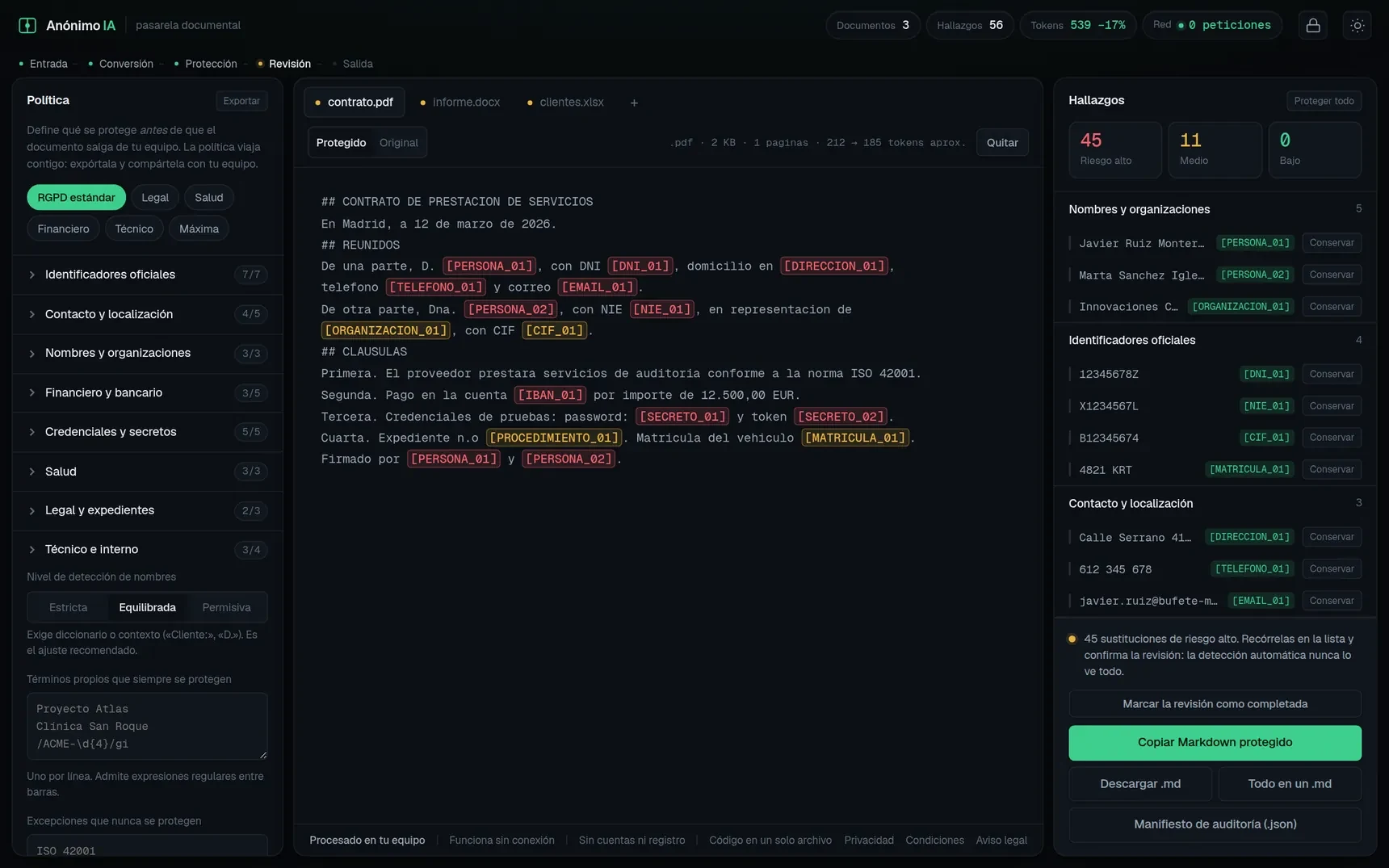 La herramienta en tema oscuro con un informe abierto: el texto convertido a Markdown con los datos sustituidos, la política a la izquierda y la lista de hallazgos a la derecha.