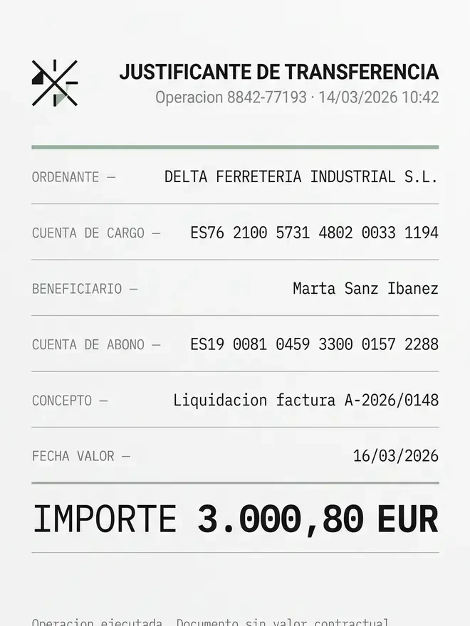 Justificante de transferencia bancaria de ejemplo con ordenante, beneficiario e IBAN